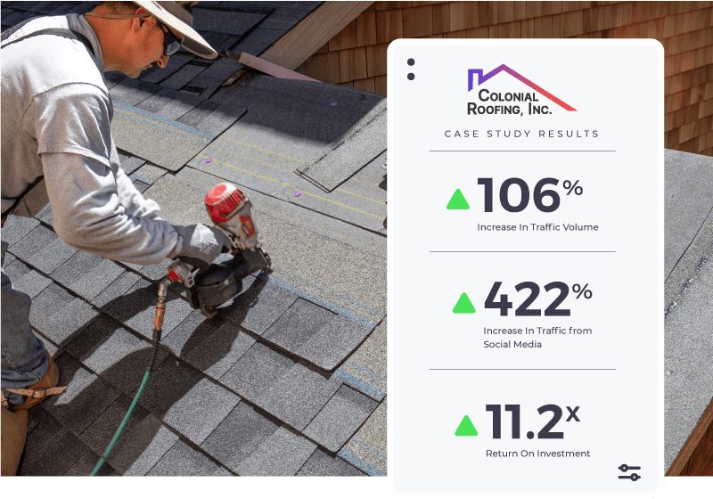 A roofer working in the background with a box showing increases since using ZipLocals Digital Marketing services