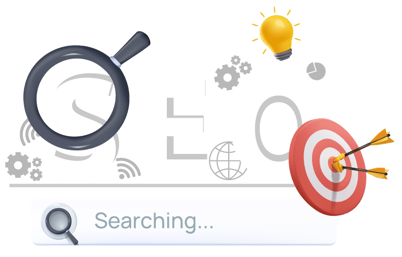 Cartoon of a the word SEO with search window and eye glass