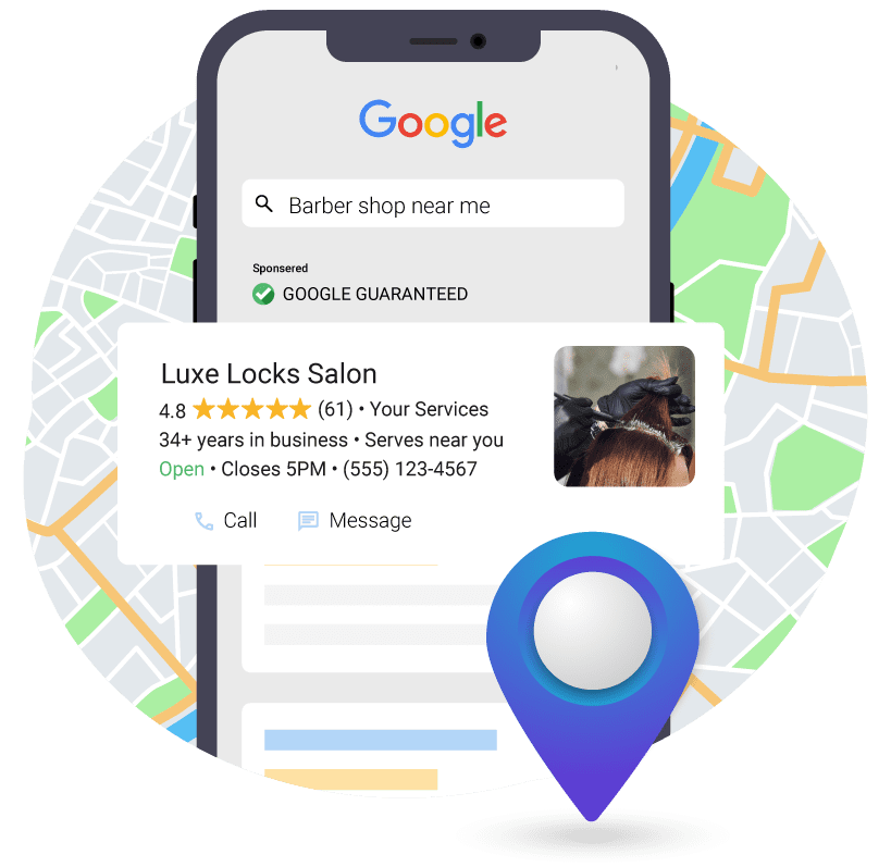 Local-Search-Ads-graphic A Mockup of a google local search ad on a phone with a 3d location marker