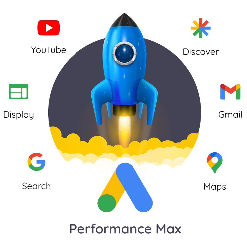 Performance-Max-Capaign-graphic Google Performance Max graphic with a rocket taking off with all the platforms the campaign can be shown on.