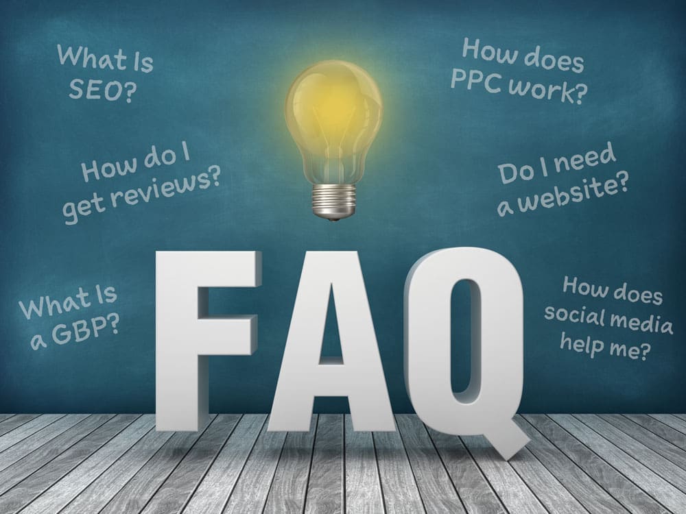 FAQ-Page-graphic-hero-2 words FAQ with a lightbulb lit up above it with various questions around it about digital marketing.