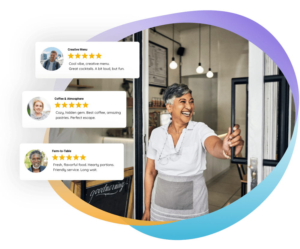 Reviews-Hero2 Business owner smiling and opening her restaurants doors with 3 5 star reviews floating around it